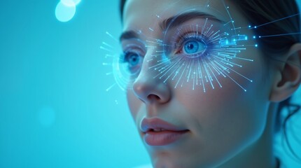 Woman with futuristic eye interface. Advanced biometric scanning technology for medical diagnosis. Innovative ophthalmology concept in blue neon lighting.