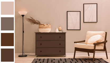 Dresser in mocha mousse shade and other furniture in room. Interior design with matching color palette
