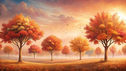 Autumnal Serenity A Peaceful Landscape of Golden Trees and a Calm Sunset Sky