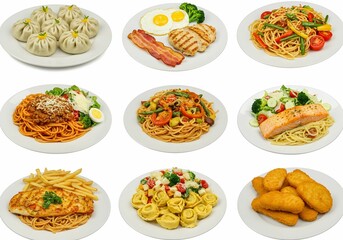 Assortment of Tasty Food Dishes Plates on White Background