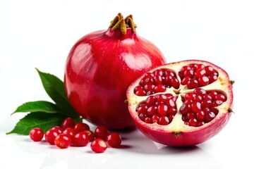 Juicy, ripe pomegranate, seeds glistening, isolated on white , unblemished, plant based