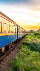 Obraz premium Electric train moving along grassy field depicting a scenic journey through lush countryside and nature surroundings