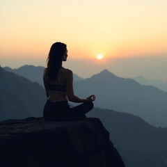 The silhouette of a woman from afar, sitting in a lotus pose on the edge of the mountain