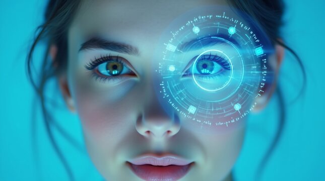 Woman with futuristic eye interface. Digital biometric scan technology. Cybersecurity and identity verification concept. Retinal recognition in blue light for personal data protection - Powered by Adobe