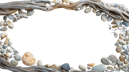 Driftwood, seashells, pebbles, and coral creating a frame on transparent background