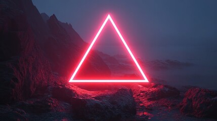 A glowing red triangle illuminated within a dark landscape scene