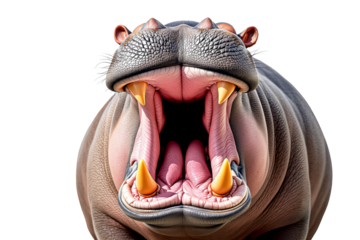 Closeup of a hippopotamus with mouth wide open, showcasing sharp teeth and detailed skin texture on a white background. Wildlife and animal power concept. Ai generative