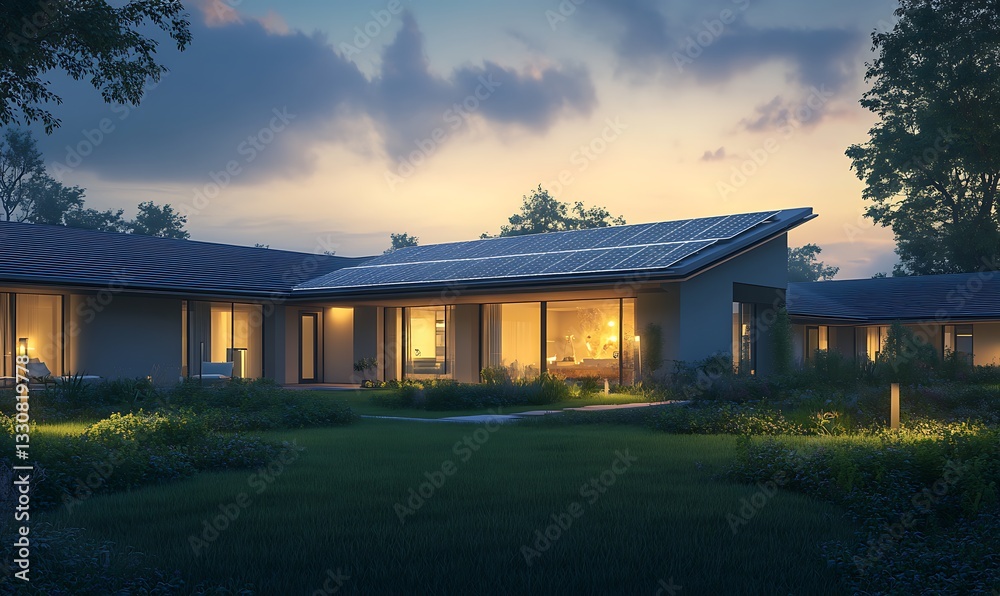 Poster Modern house illuminated at dusk, surrounded by greenery and featuring a unique architectural design.