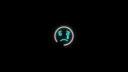 Neon Sad Face Emoji Digital Art Dark Background Glowing Light Blue Tears White Outline Minimalist Design Simple Illustration Graphic Mood Emotional Feeling Negative Emotion - 4k Video - Powered by Adobe