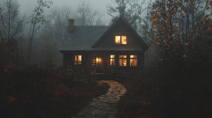 Cozy cabin glowing warmly in a foggy autumn forest.