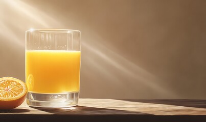 Refreshing orange juice in a glass with a halved orange on a wooden surface.