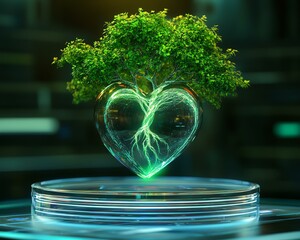 A glowing heart-shaped tree symbolizes love and nature's connection, showcasing green vitality in a modern display.