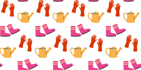 Colorful gardening tools and accessories pattern featuring boots, gloves, and watering cans