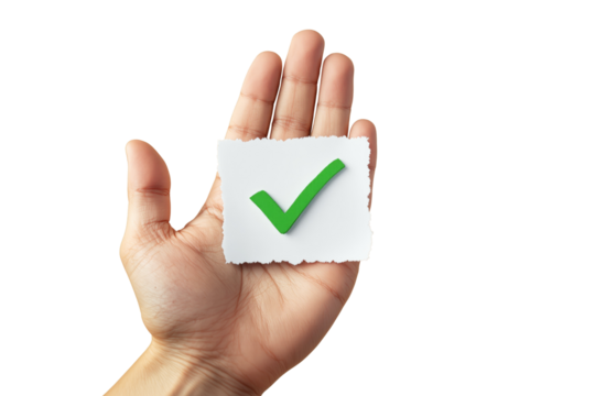A human hand holds a torn white paper with a green checkmark, isolated on a white background. Concept of approval, agreement, or confirmation. Ai generative