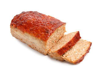 Delicious baked turkey meatloaf isolated on white
