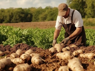Farmer Harvesting Potatoes for Rural Field.