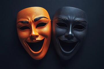 Dramatic theater mask icons for masquerade, featuring happy and sad expressions in a minimalist style, suitable for apps and websites.