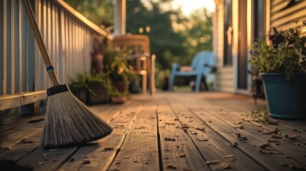 A wooden broom leans against a porch railing outdoors