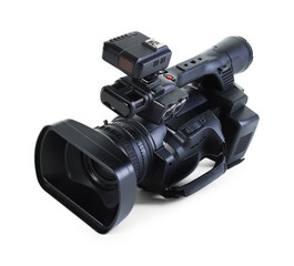 Modern professional video camera isolated on white