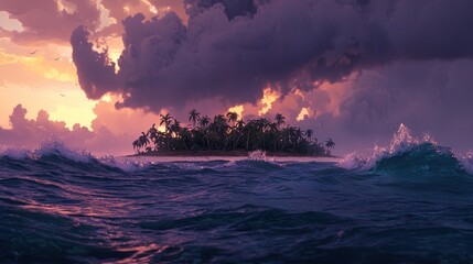 Fototapeta premium Tropical island paradise sunset with dramatic clouds and ocean waves.