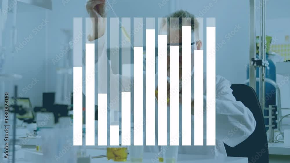 Poster conducting experiment with animation overlay, scientist working in laboratory setting