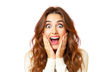 Happy young woman with long wavy hair expressing excitement, wearing a sweater, isolated on a white background. Concept of surprise and happiness. Ai generative