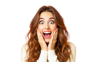 Happy young woman with long wavy hair expressing excitement, wearing a sweater, isolated on a white background. Concept of surprise and happiness. Ai generative