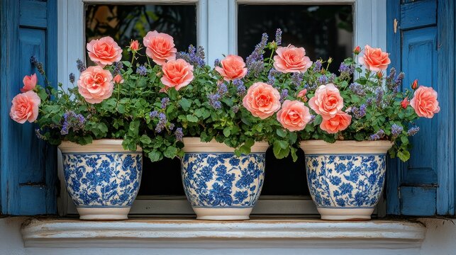 Three flower pots with vibrant pink roses and lavender, positioned on a window sill