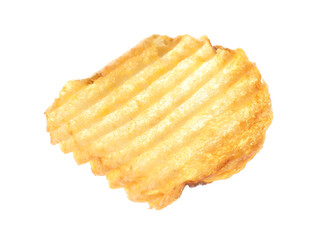 One tasty ridged potato chip in air isolated on white
