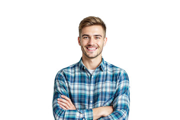 Obraz premium Confident young man smiling in a plaid shirt with arms crossed, isolated on a white background. Positive expression, casual outfit, happiness concept. Ai generative
