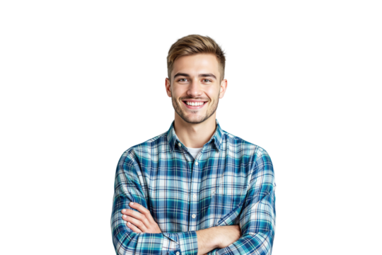 Confident young man smiling in a plaid shirt with arms crossed, isolated on a white background. Positive expression, casual outfit, happiness concept. Ai generative