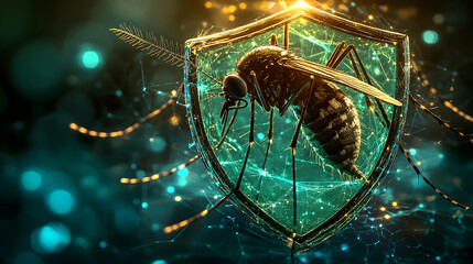 A creative composition featuring a mosquito icon inside a shield symbolizing protection against malaria, with a green and blue gradient background and subtle lighting