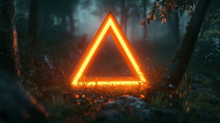 A glowing orange triangle is present in the forest setting