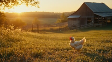 A lone chicken walks freely across a sunlit grassy field