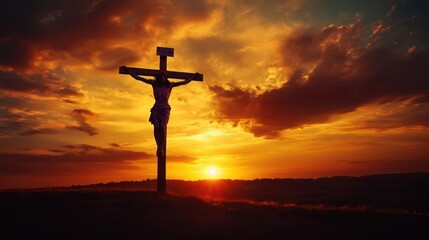 Striking Silhouette of Jesus on the Cross Set Against a Fiery Orange Sunset, Evoking Deep Prayerful Reflection and Spiritual Praise
