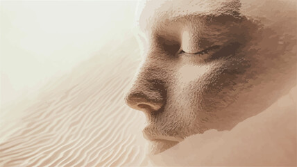Close-up profile view of a woman's face partially covered and blended with sand. The image is predominantly beige and neutral tones, with soft lighting highlighting the features and textures. The