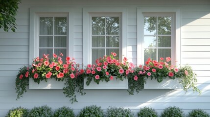 Fototapeta premium Three windows with vibrant pink flowers in window boxes