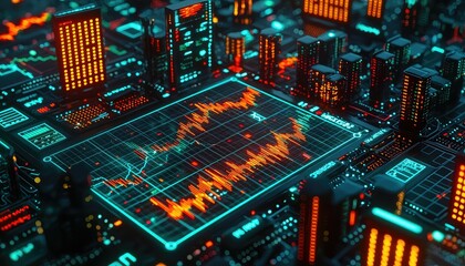 A futuristic cityscape with glowing digital graphs and data visualizations, reflecting high-tech finance or analytics.
