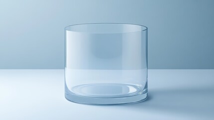 A clear glass cylinder sits on a white and blue surface