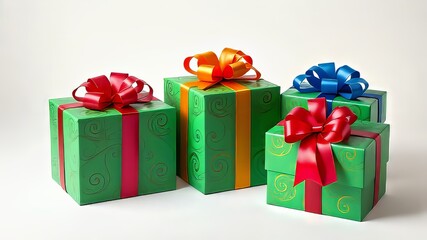 Obraz premium Vibrant Green Gift Boxes with Ribbons - AI Photo
