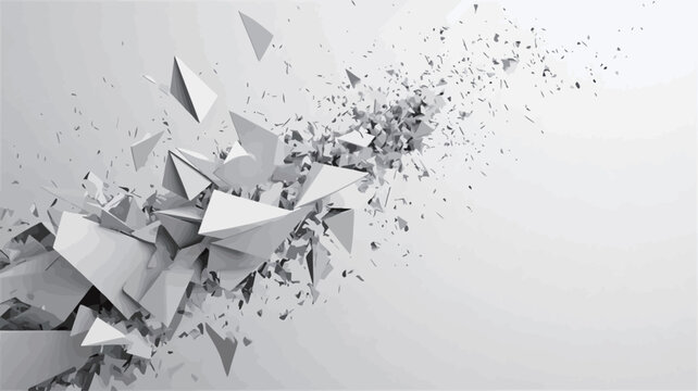 The image depicts a 3D rendering of fragmented geometric shapes, predominantly triangular and irregular forms, appearing to explode or disintegrate from a central point.  The color palette is