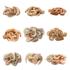 Fresh raw shrimps isolated on white, set. Top and side view