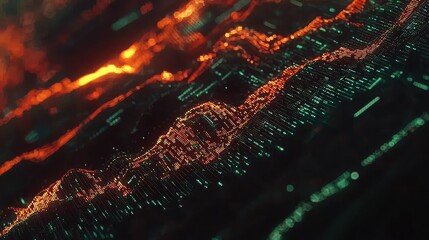 A vibrant digital landscape featuring flowing lines of glowing orange and green, creating a dynamic and abstract visual experience.