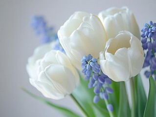 Stunning Arrangement of Fresh White Tulips and Blue Muscari Blossoms Adorned with Delicate Decorative Accents on a Crisp Background