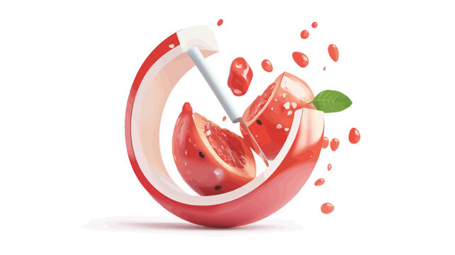 A digital illustration depicting a stylized representation of watermelon slices and juice in dynamic motion against a white background.  The watermelon is depicted in a curved, almost spherical