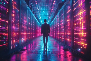 Obraz premium Faceless figure amidst a data center aglow with neon lights, portraying anonymity and solitude in the vast digital age