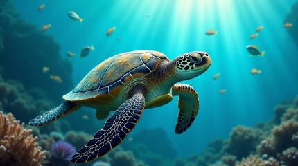 Obraz premium coral reef in the sea with turtle and multi color fishes. 