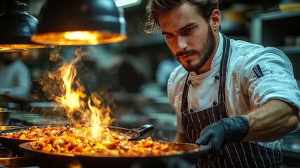 Dynamic chef skillfully flames a gourmet dish in a bustling kitchen, showcasing culinary expertise and vibrant energy.