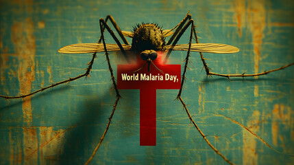 A malaria prevention poster displaying a mosquito dissolving into a red warning cross with bold text "World Malaria Day," modern and minimal