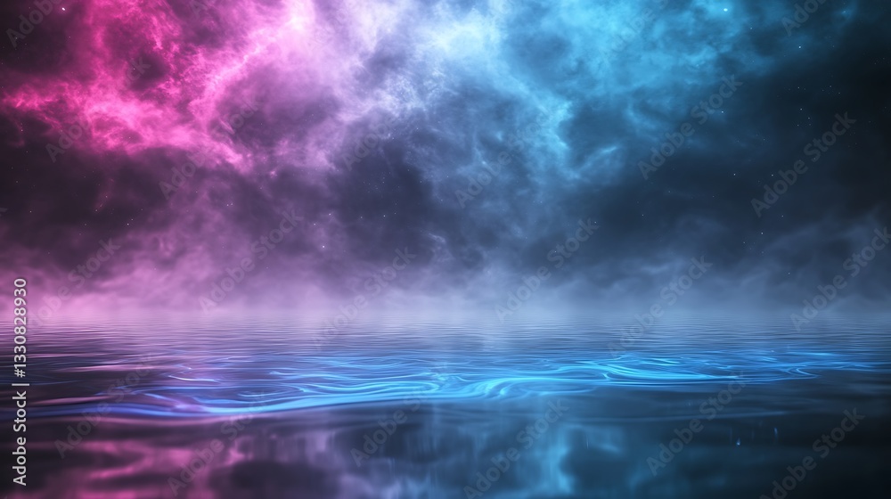 Poster vibrant cosmic scene with colorful clouds and reflective water surface.